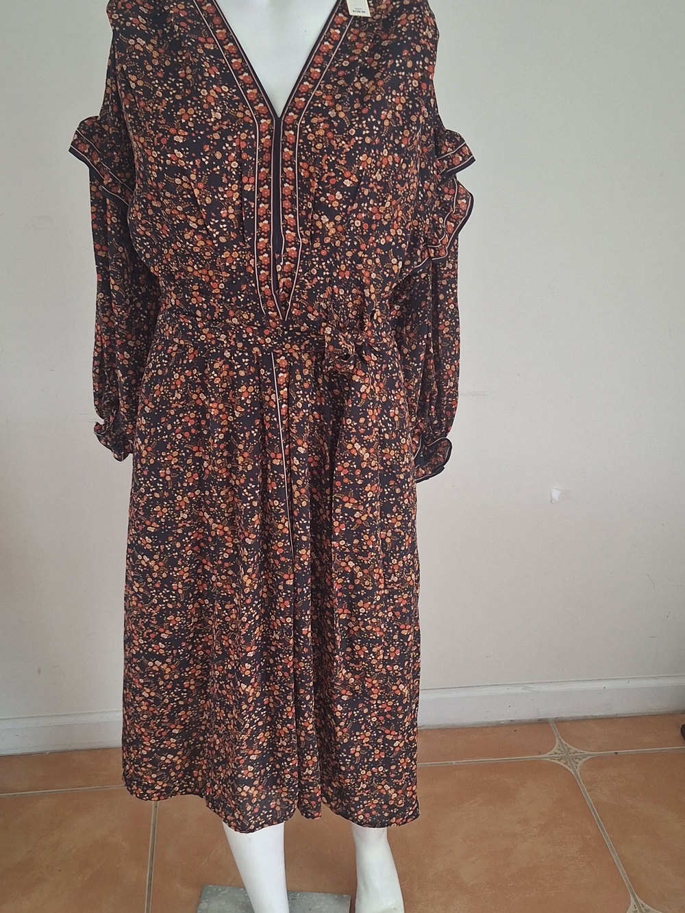 Max Studio Boho Style Gorgeous Black Midi Dress with Orange Floral Print Sz S